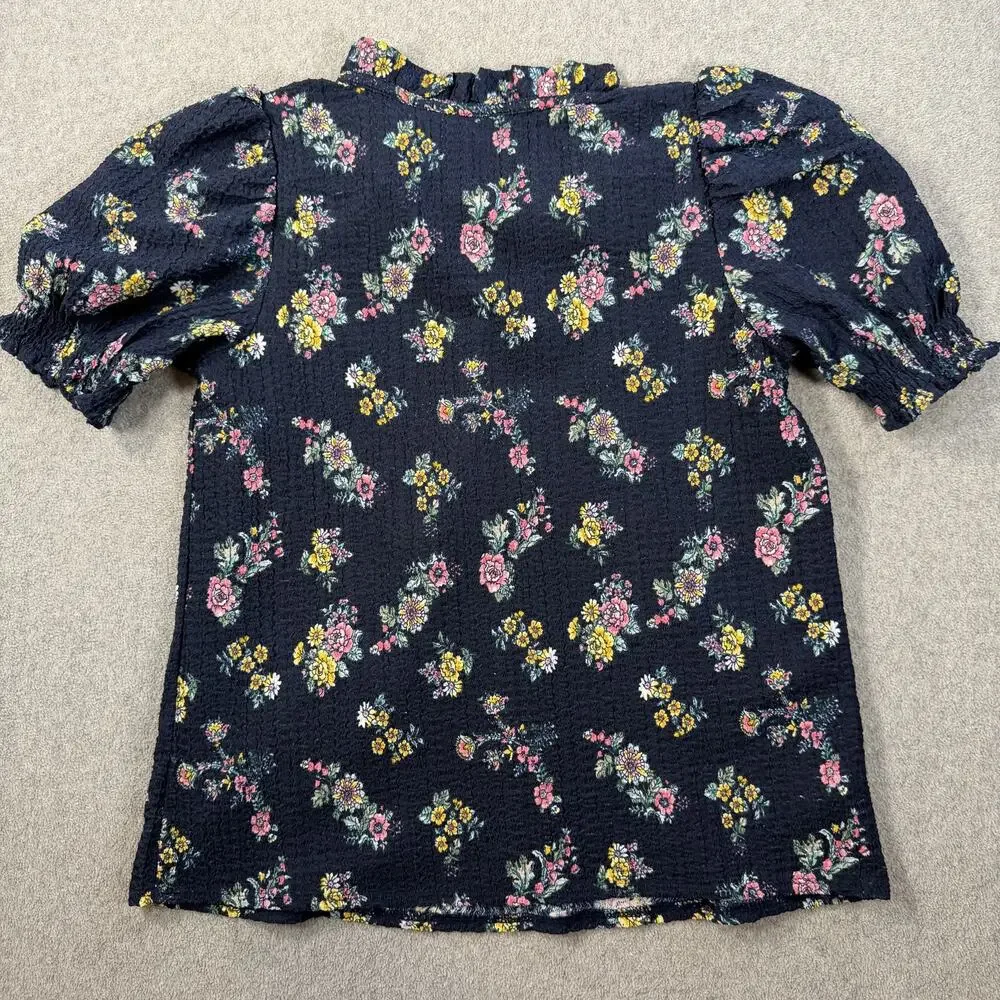 LOFT Women's Small Navy Blue Floral Puff Sleeve V-Neck Blouse Top Textured